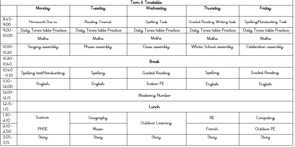 Hawthorn Term 6 Timetable