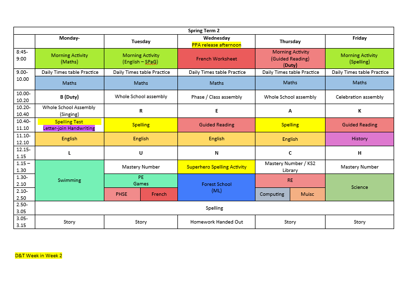Lilac Spring Term timetable 2026