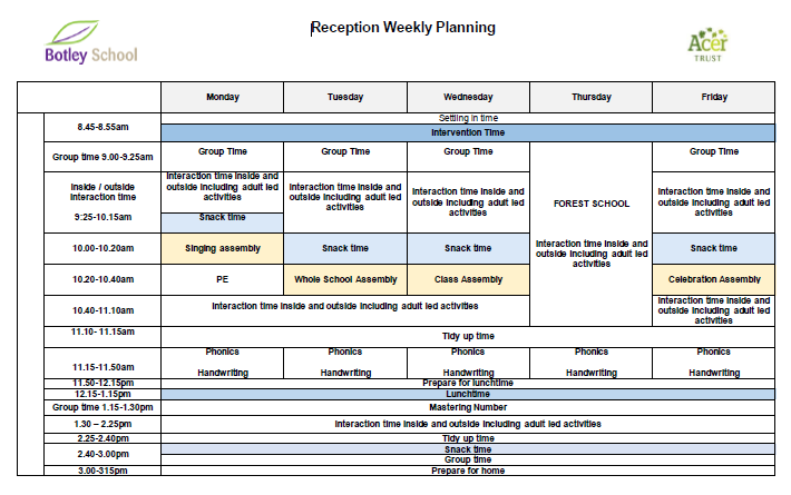 Reception Weekly Timetable